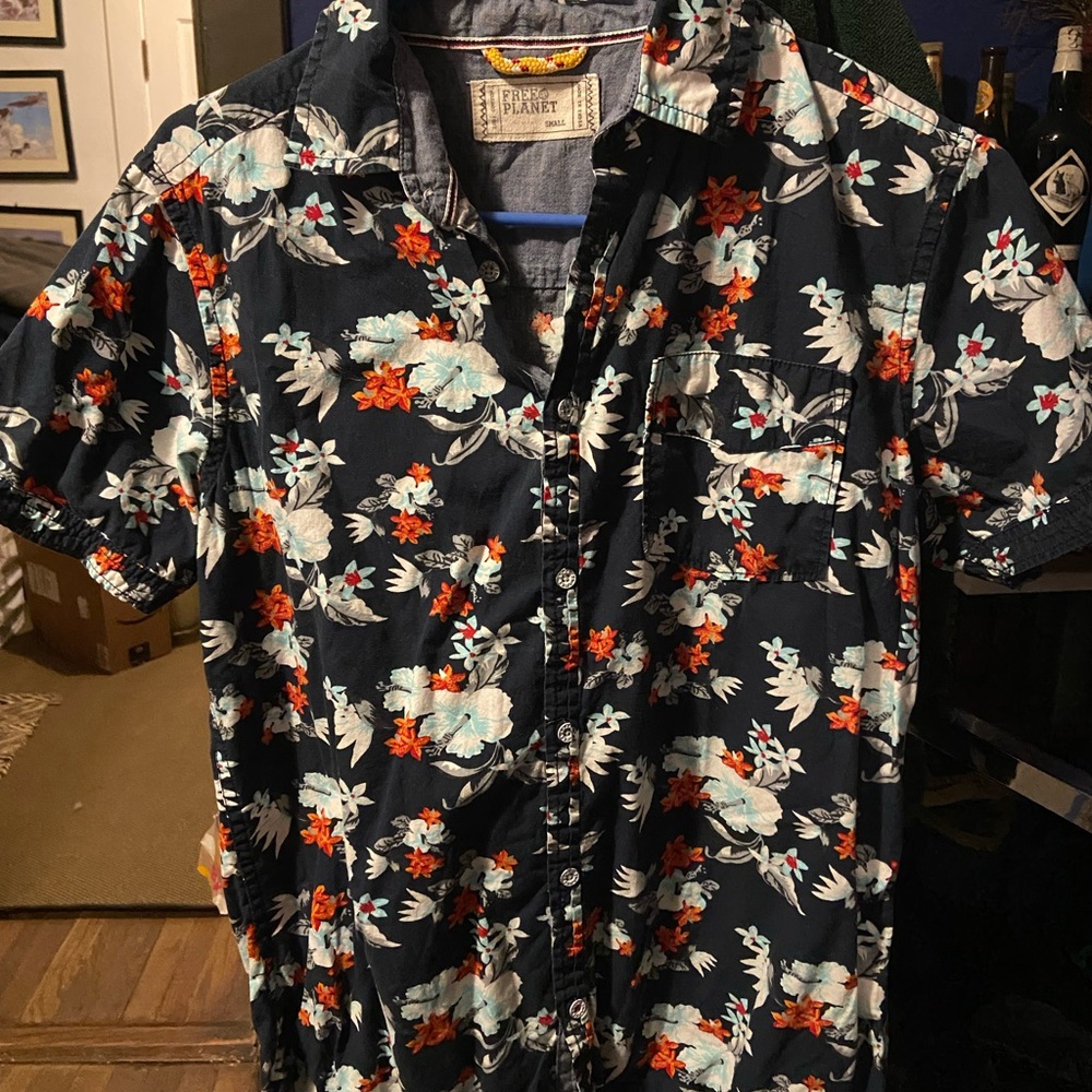 Free Planet Blue and Red Casual Button Down Shirt